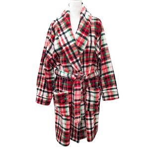 Sonoma Plush Plaid Short Robe Women's Large Red Black Belt Pockets Fluffy Cozy